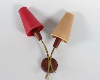1950s Danish vintage wall lamp with 2 lights. Made by danish manufactor cirka 1950 of metal and teak with old Lamp shades