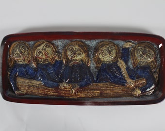 Large Marianne Starck Wall Relief/Ceramic Wall Hanging with five Young Girls in a Boat no. 5887 made by Michael Andersen in Denmark.