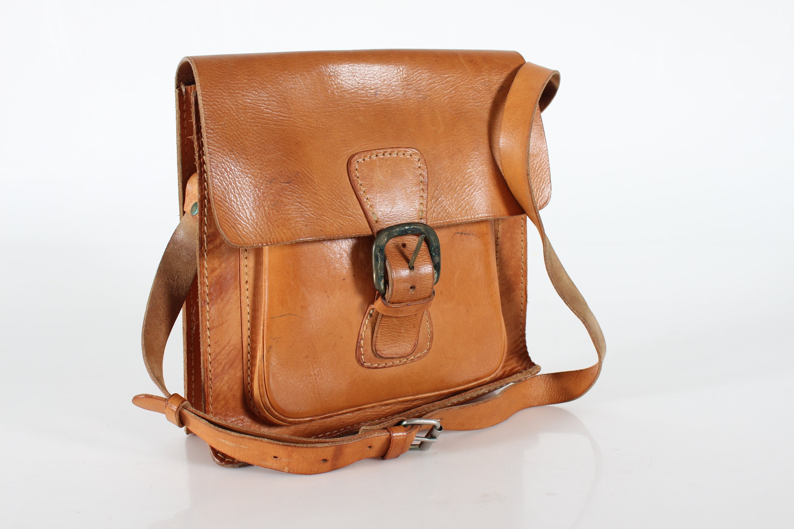 Danish Vintage Shoulder Bag of Cognac Colored Leather with Patina in Strong Quality. Made in the 1970s by a Danish Manufacturer