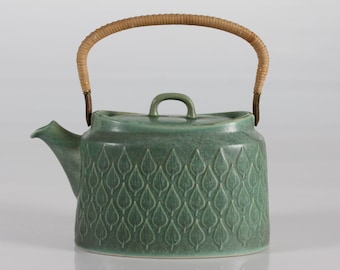 Rare Very Early! Jens Harald Quistgaard IHQ - RELIEF Teapot with Salt Green Glace and Rattan Handle from Kronjyden  Denmark - Mid-century