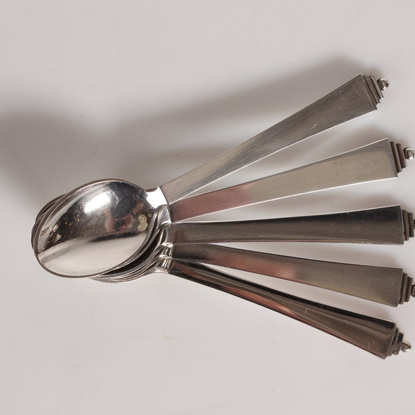 Danish Georg Jensen Art Deco Pyramid Sterling Silver Cutlery by Harald Nielsen 1927. Coffee Spoons 10.6 cm. Stamp from the period 1930-45