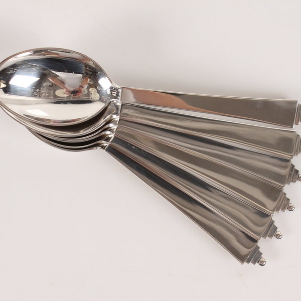 Danish Georg Jensen Art Deco Pyramid Sterling Silver Cutlery by Harald Nielsen 1927.  Spoons 18.5 cm. Stamp from the period 1930-45