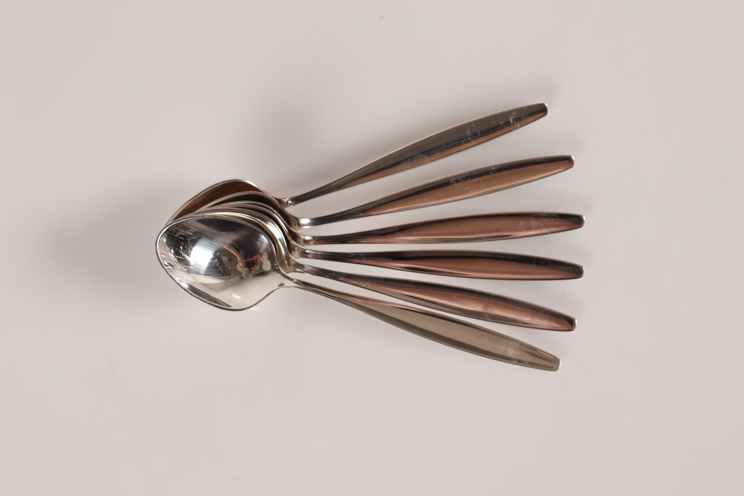 Danish Georg Jensen Cypres Sterling Silver by Tias Eckhoff designed in 1952. Coffee spoons L 11 cm.