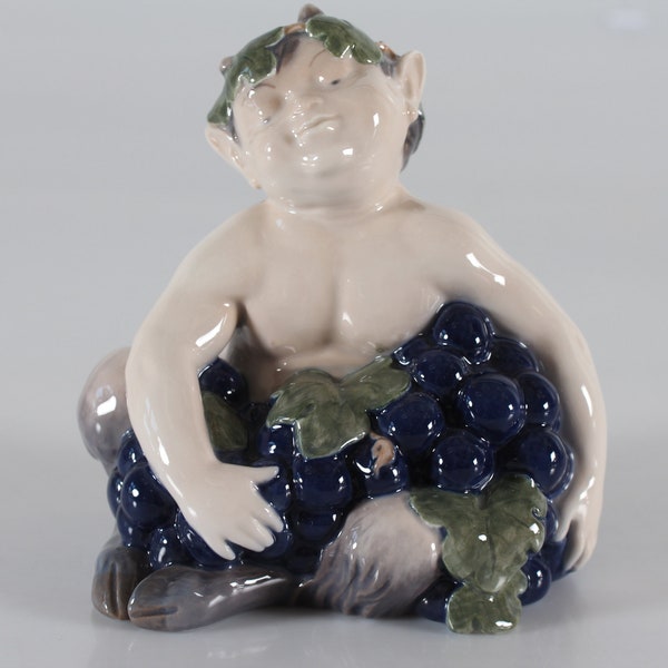 Royal Copenhagen Figurine of Faun Bacchus/Pan with Grapes No. 2361 by Danish Artist V. Waldorff. With Stamp from 1968 + Personal Dedication