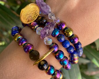 Crystal Priestess Bracelet - 6&quot; & 7” diameter - handmade lapis lazuli rainbow titanium amethyst lucky coin abundance quartz labradorite