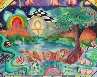 May include: A vibrant, colorful painting with a central landscape featuring mountains, a lake, and a tree with red fruit. The artwork includes geometric shapes, floral elements, and symbolic imagery, creating a dreamlike, spiritual theme.