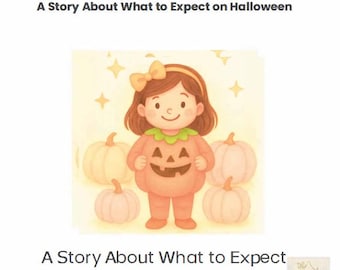 May include: A children's book cover titled "My Halloween Book - A Story About What to Expect on Halloween." The illustration features a girl in a pumpkin costume with pumpkins in the background.