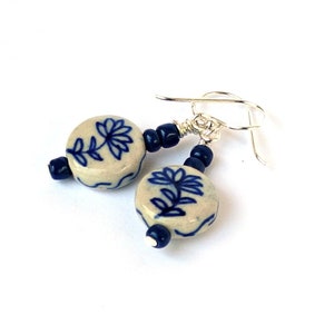 Blue and White Ceramic Earrings , Flower Beads , Beaded Earrings, Sterling Silver, Ceramic Jewelry, Classic Blue White Earrings