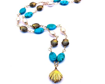 Turquoise Howlite Necklace, Pearl and Gold Shell Necklace, Ocean Necklace, Blue Gemstone Jewelry, Beach Seashell Necklace, Wire Wrapped