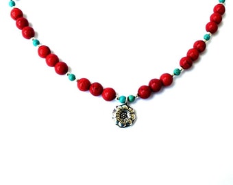 Turquoise and Coral Necklace, Karen Hill Tribe Silver Necklace, Flower Pendant, Turquoise Necklace, Coral Necklace, Red Jewelry, Sterling