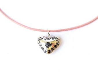 Hill Tribe Silver Heart Pendant, Valentines Day, Pink Leather, Pink and Silver, Stamped Silver, Handmade Necklace