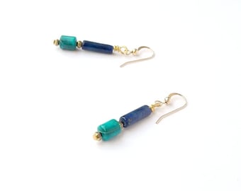 Lapis Lazuli and Turquoise Earrings, Egyptian Style Earrings, Gemstone Jewellery, Blue and Green Jewelry Gold Filled Ear Wire, Drop Earrings