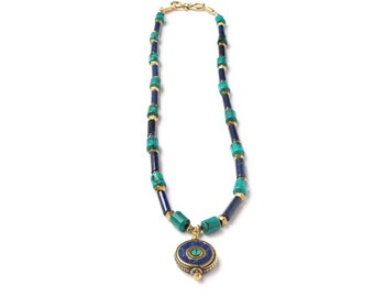 Turquoise and Lapis Lazuli Necklace, Nepal Pendant, Egyptian Jewellery, Blue Green Gemstone Jewelry, Gold Statement Necklace, Tribal Boho