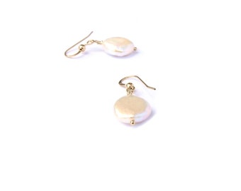 Pearl Earrings, Freshwater Coin Pearl Earrings, Button Pearl, Gold Earrings, Pearl Gold Earrings, Wedding Earrings, Classic Earrings