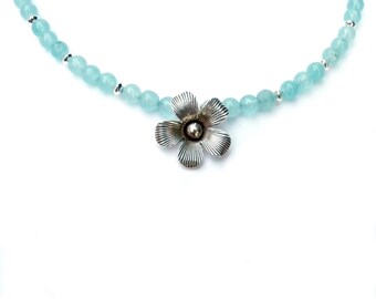 Sterling Silver Pale Blue Chalcedony Necklace, Flower Hill Tribe Silver, Thai Silver, Tribal Jewelry, Blue Beach Necklace, Gemstone Jewelry
