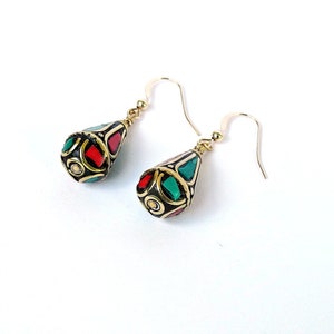 Turquoise and Coral Earrings, Nepal Earrings, Green Turquoise Earrings, Red Coral Earrings, Ethnic Jewelry, Exotic Earrings, Inlaid Gemstone image 1