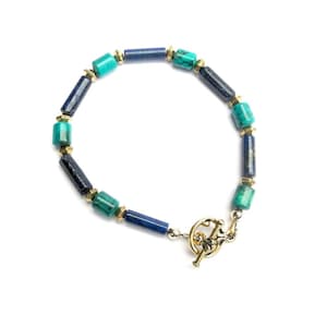 Turquoise and Lapis Lazuli Bracelet, Egyptian Jewellery, Blue Green Gemstone Jewelry, Gold Statement Bracelet