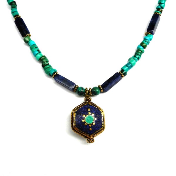 Turquoise Necklace, Lapis Necklace, Lapis and Turquoise Necklace, Nepal Necklace, Nepalese focal bead