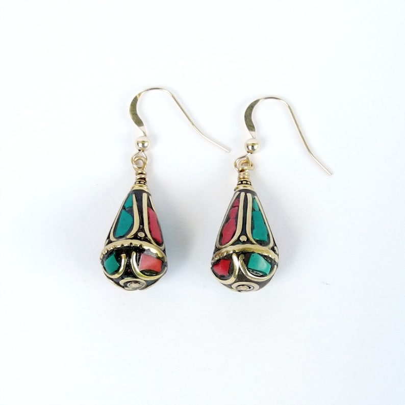 Turquoise and Coral Earrings, Nepal Earrings, Green Turquoise Earrings, Red Coral Earrings, Ethnic Jewelry, Exotic Earrings, Inlaid Gemstone image 4