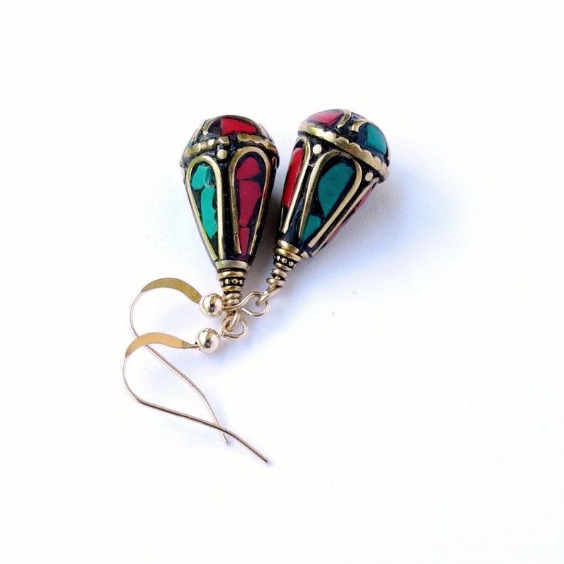Turquoise and Coral Earrings, Nepal Earrings, Green Turquoise Earrings, Red Coral Earrings, Ethnic Jewelry, Exotic Earrings, Inlaid Gemstone image 3