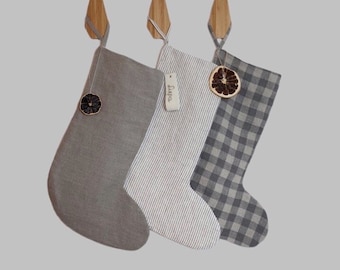 Personalized Linen Christmas Stocking, Hand Embroidered Tag