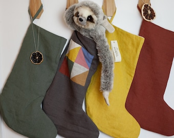 Linen Christmas Stockings with Personalised hand embroidered tag