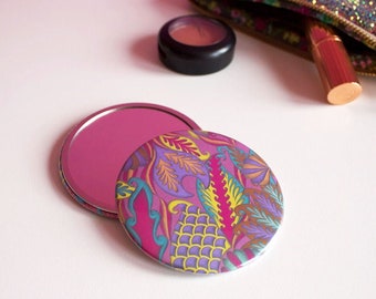 Tropical Print Pocket Mirror, Light Pink Pocket Mirror, Gifts for Her, Colourful Pocket Mirror, Tropical Print Travel Mirror,