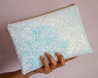 White Iridescent Glitter Clutch Bag, Wedding Clutch Bag, Iridescent Bridal Bag, White Clutch Bag, Sparkly Bridal Clutch Bag,