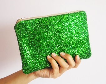Emerald Green Glitter Makeup Bag, Emerald Glitter Cosmetic Bag, Sparkly Green Pouch, Emerald Green Glitter Clutch Bag,