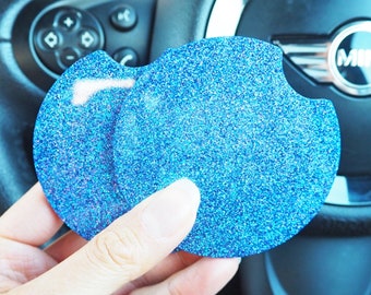 Persian Blue Glitter Car Coasters, 7.3cm, Blue Rainbow Cup Holder Inserts, Blue Car Accessories, Sparkly Persian Blue Car Coaster Set,