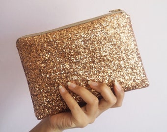 Rose Gold Glitter Makeup Bag, Sparkly Rose Gold Bag, Rose Gold Glitter Cosmetic Bag, Sparkly Rose Gold Clutch Bag, Rose Gold Pouch,