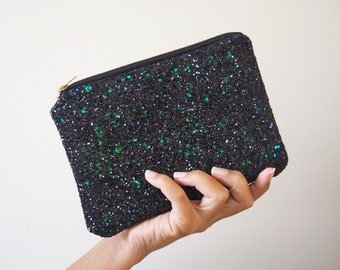 Black & Green Glitter Makeup Bag, Sparkly Black Makeup Bag, Black and Green Glitter Cosmetic Bag, Black Glitter Clutch Bag,