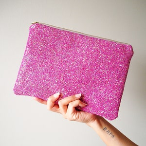 Hot Pink Glitter Clutch Bag, Sparkly Sparkly Hot Pink Glitter Bag, Pink Spring Wedding Clutch, Hot Pink Glitter Zip Pouch,