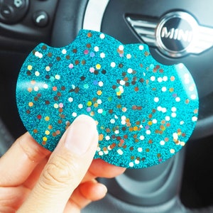 Turquoise Holographic Cup Holder Inserts, Sparkly Turquoise Coasters, 6.5cm, Glitter Car Coasters, Holographic Car Coasters, New Car Gifts,