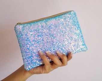 Shimmering Sea Blue Glitter Makeup Bag, Blue Glitter Cosmetic Bag, Sparkly Blue Zipped Pouch, Sparkly Makeup Bag, Blue Glitter Zipped Case,