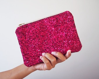 Fuchsia Glitter Makeup Bag, Sparkly Fuchsia Bag, Pink Glitter Cosmetic Bag, Sparkly Pink Makeup Bag, Fuchsia Pink Glitter Makeup Pouch