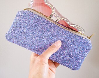 Lilac Glitter Glasses Case, Purple Glitter Sunglasses Case, Sparkly Lilac Glasses Pouch, Lilac Glitter Zip Pencil Case,