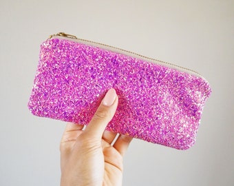 Pink & Rose Gold Glitter Glasses Case, Pink Glitter Sunglasses Case, Sparkly Pink Glasses Pouch, Pink Glitter Zip Pouch,