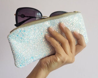 White Iridescent Glitter Sunglasses Case, Sparkly Sunglasses Case, Iridescent Sunglass Case, White Iridescent Glasses Case,