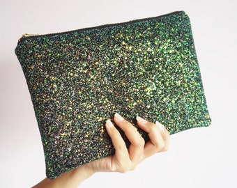 Black Glitter Clutch Bag, Sparkly Black Clutch Bag, Sparkly Evening Bag in Black, Glitter Bag with Black, Copper, Green, and Brown Sparkle,