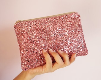 Rose Pink Glitter Makeup Bag, Sparkly Rose Pink Cosmetic Bag, Sparkly Rose Pink Makeup Bag, Light Pink Glitter Makeup Pouch,