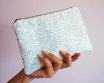 White Iridescent Glitter Makeup Bag, White Glitter Pouch, White Iridescent Cosmetic Bag, Glitter Bridesmaid Bag, Sparkly Bridal Bag,