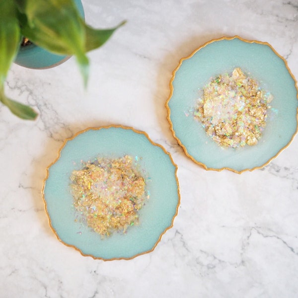 Mint Green Geode Resin Coasters, Geode Coaster Set, Mint Green Resin Coasters, Gifts For Home, Geode Placemats, Green Resin Coasters