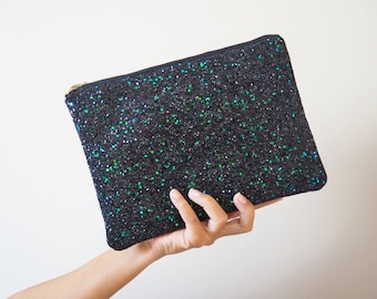 Black & Green Glitter Clutch Bag, Sparkly Black Clutch Bag, Black Glitter Evening Bag, Sparkly Black Clutch Bag, Sparkly Evening Bag,