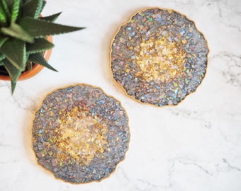 Grey Geode Resin Coasters, Sparkly Geode Coaster Set, Grey Resin Coasters, Gifts For New Home, Geode Placemats, Iridescent Resin Coasters