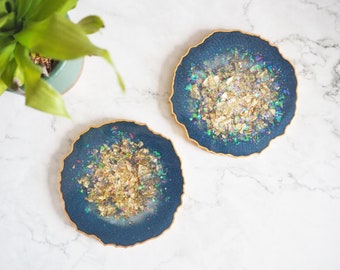 Navy Geode Resin Coasters, Navy Resin Coaster Set, Gifts For Home, Navy Blue Geode Placemats, Navy & Gold Resin Coasters, Navy Home Decor,