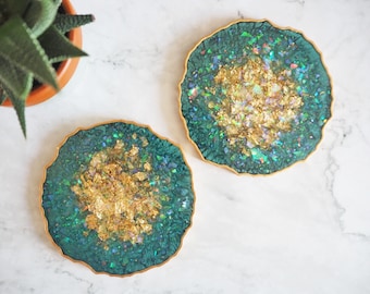 Forest Green Geode Resin Coasters, Geode Coaster Set, Forest Green Resin Coasters, Gifts For Home, Geode Placemats, Green Resin Coasters