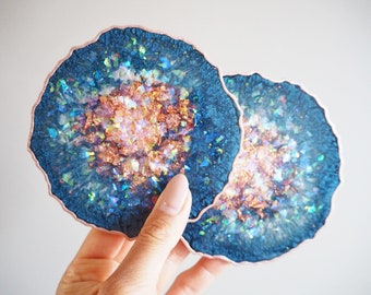 Navy & Rose Gold Geode Resin Coasters, Geode Coaster Set, Navy Resin Coasters, Gifts For Home, Geode Placemats, Navy Resin Coasters