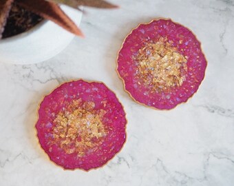 Magenta Geode Resin Coasters, Sparkly Magenta Coasters, Magenta Resin Coasters, Gold Flake Coasters, Geode Placemats, Iridescent Coasters