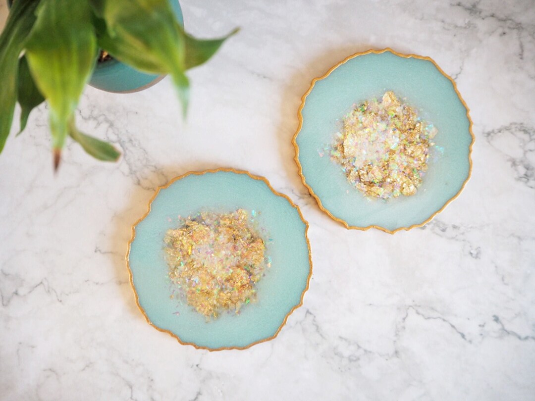 Mint Green Geode Resin Coasters, Geode Coaster Set, Mint Green Resin